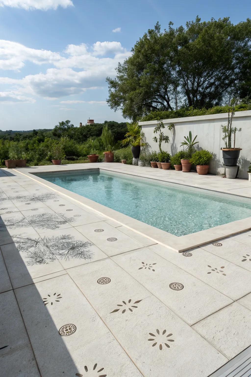 Timeless minimalist pool design with neutral stamped concrete.