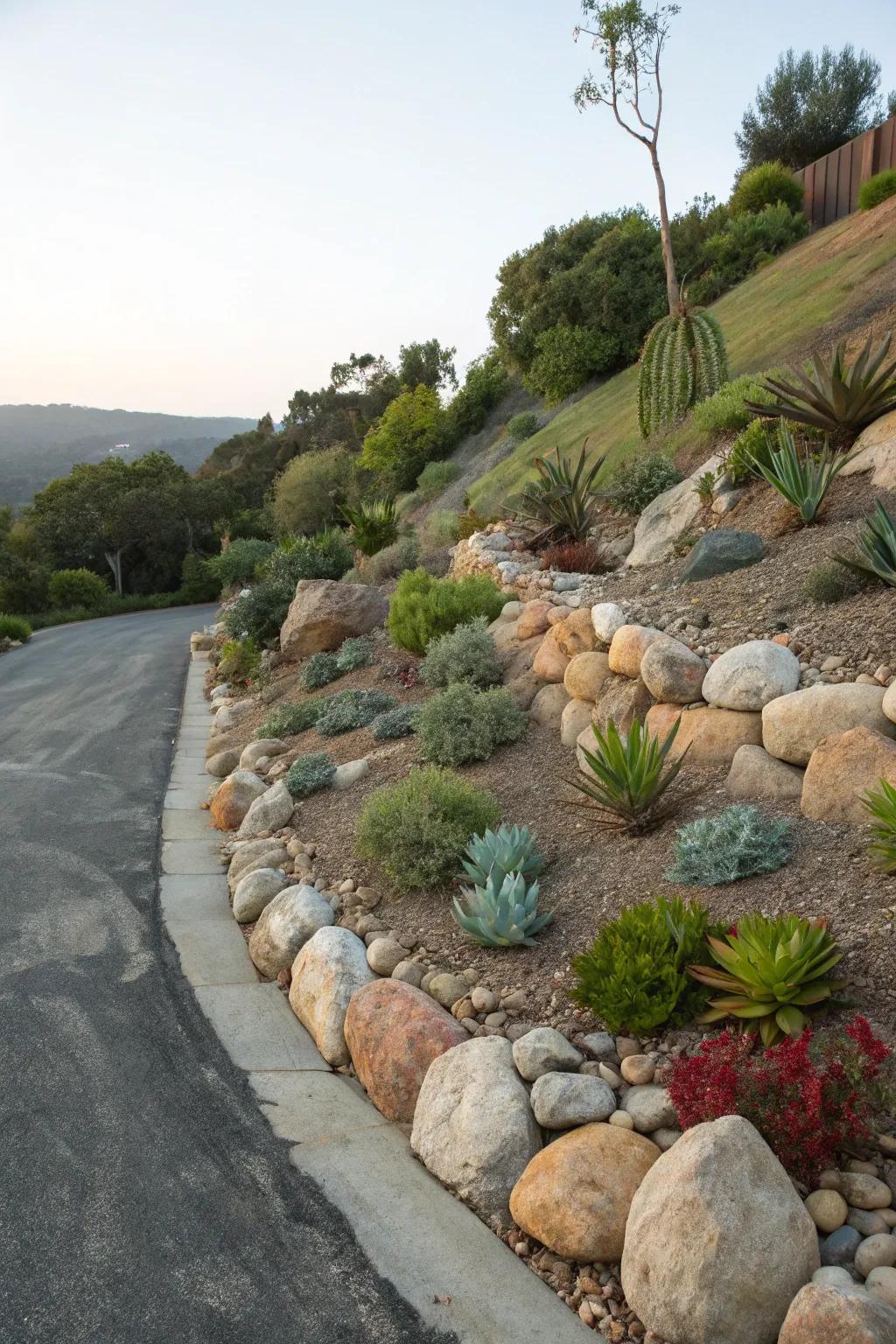 Rock gardens offer a natural and low-maintenance option.