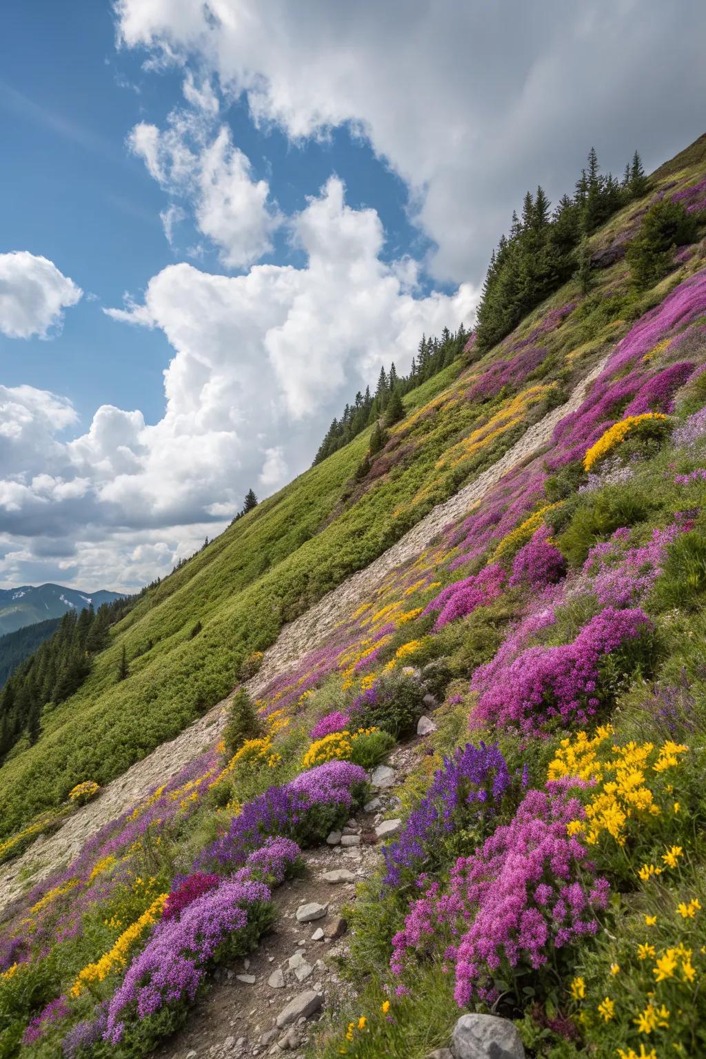 A wildflower meadow adds color and attracts pollinators.