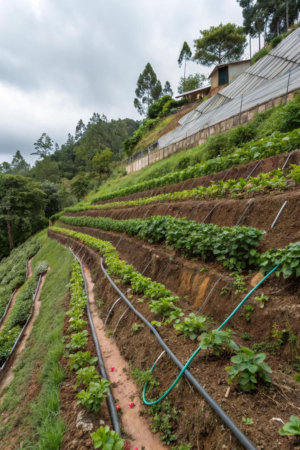 Drip irrigation keeping the slope lush and well-watered.