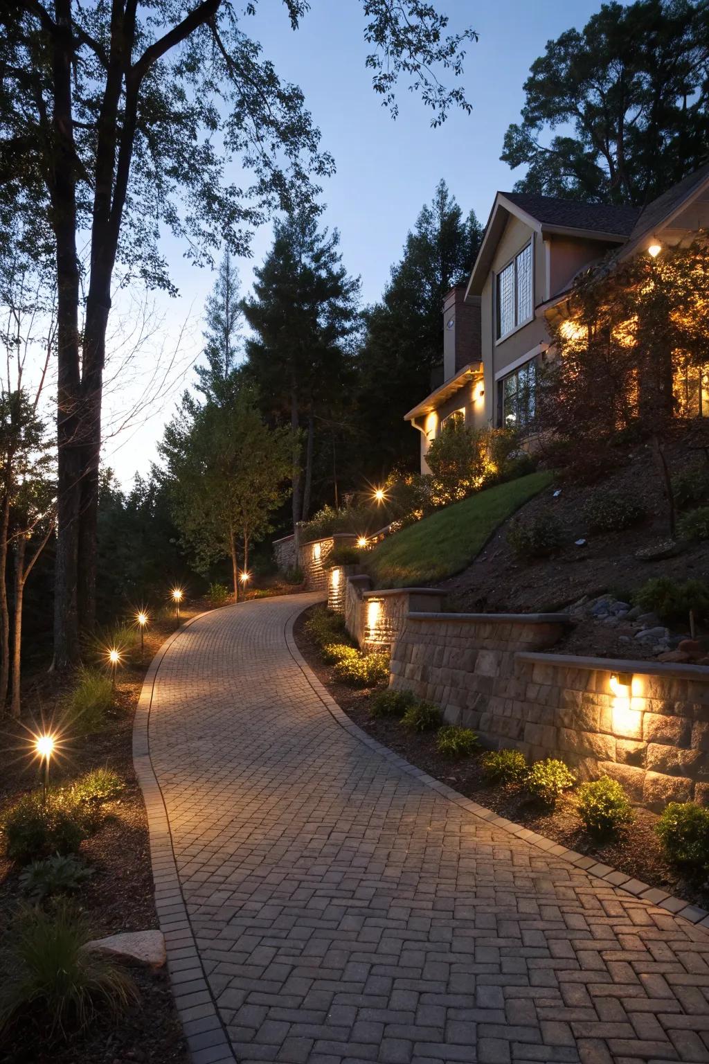 Driveway lighting enhances safety and nighttime charm.