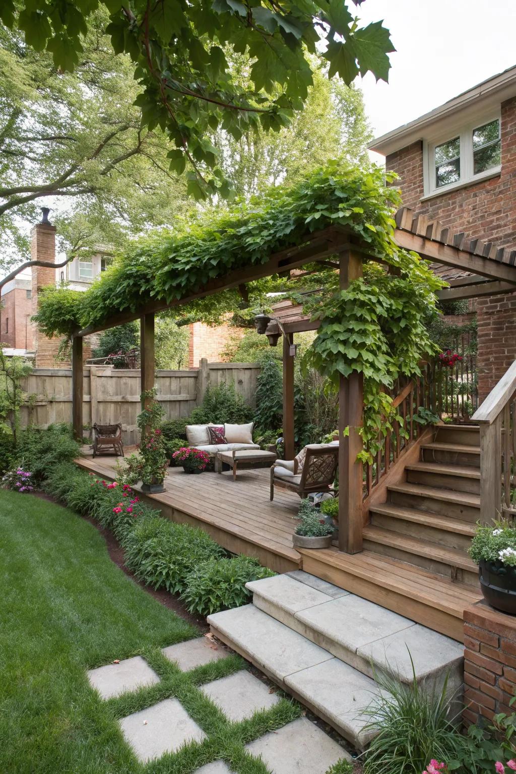 A pergola creates a shaded retreat on terraced gardens.