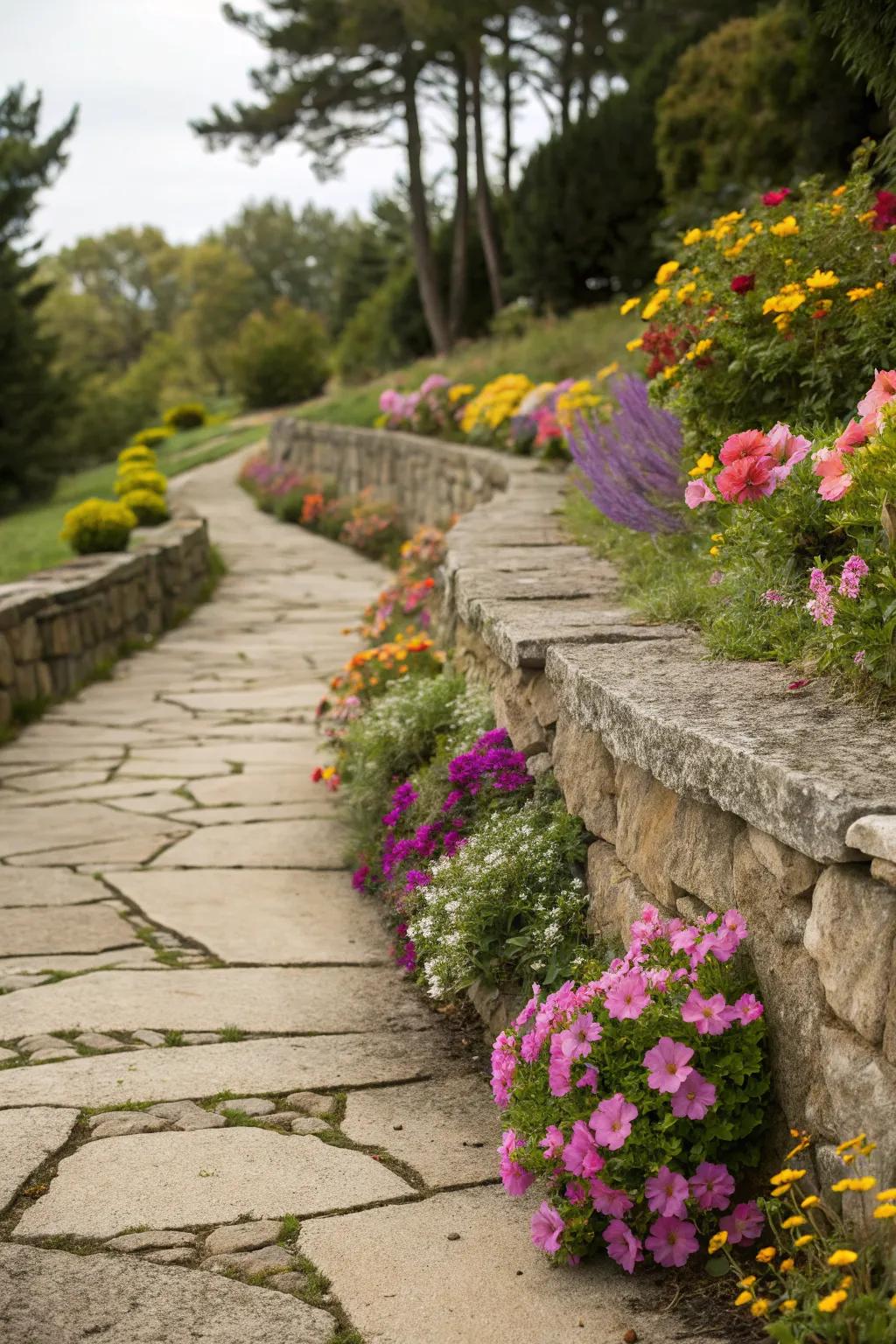 A stone pathway with plant pockets adding color and fragrance.