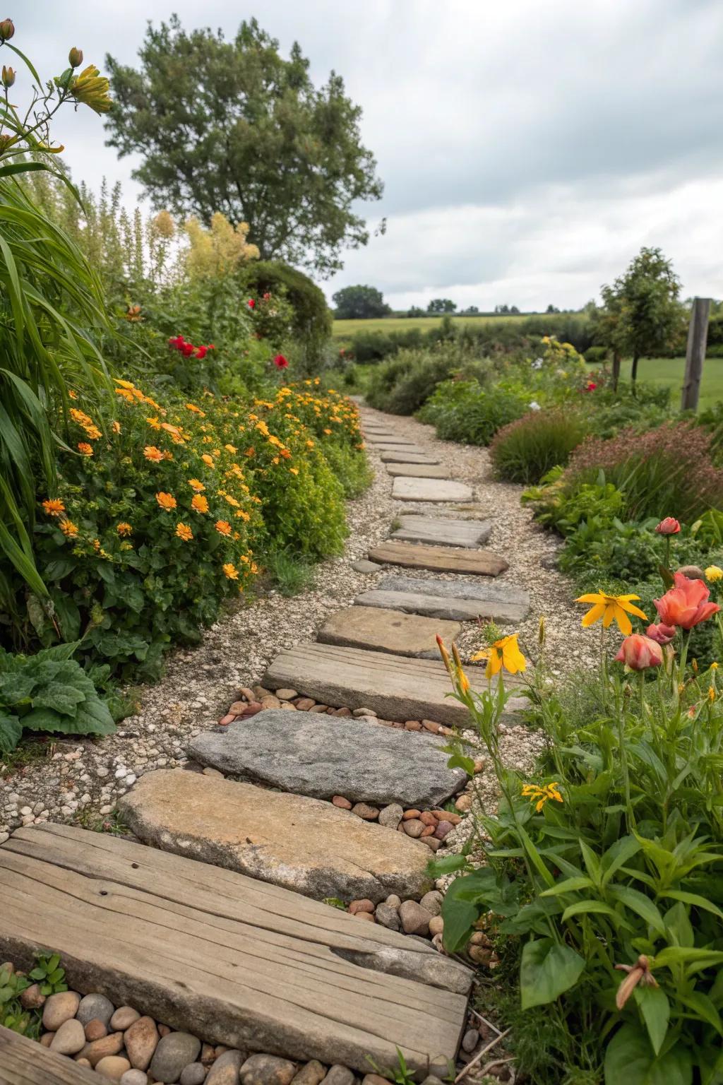Mixed materials in a garden path, offering warmth and visual variety