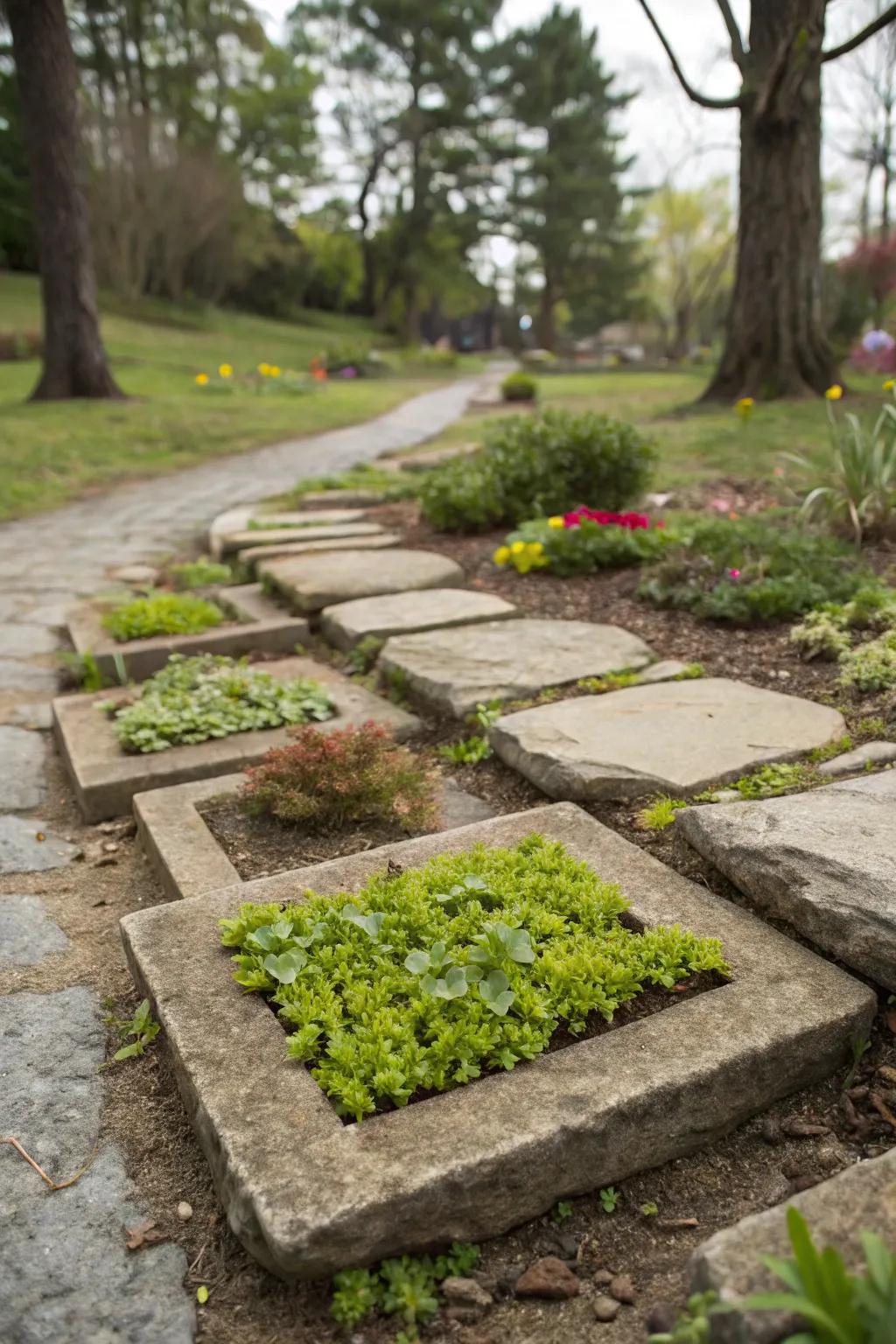 Stepping stones featuring plant pockets for added greenery.