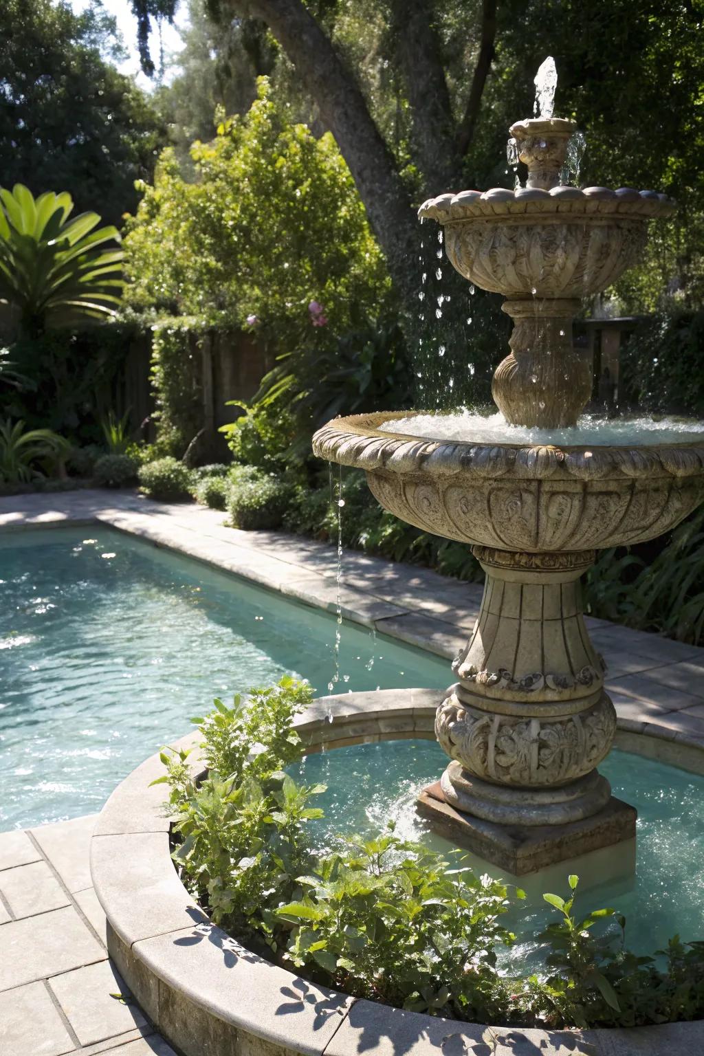 A stone fountain adds a soothing auditory element to the poolside.