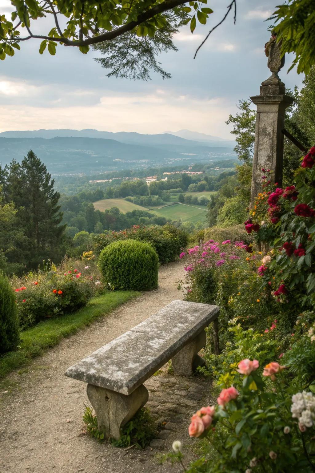 A strategically placed stone bench becomes the garden's focal point.