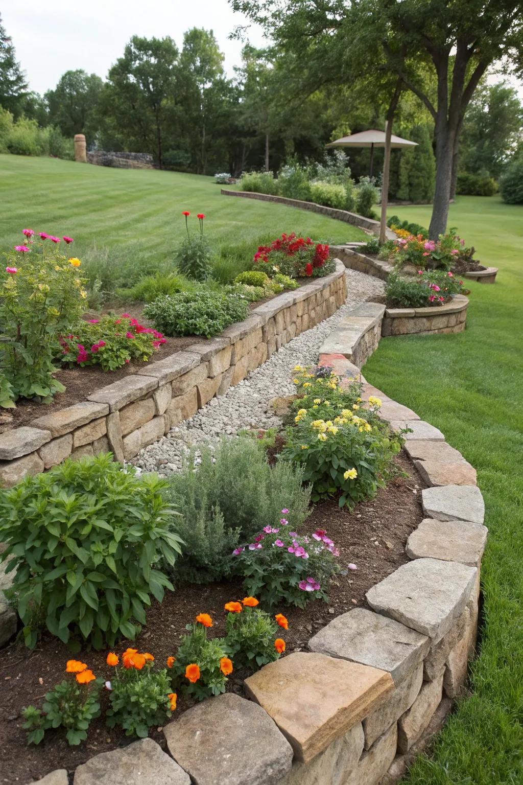 Recycled stones offer a sustainable garden edge.