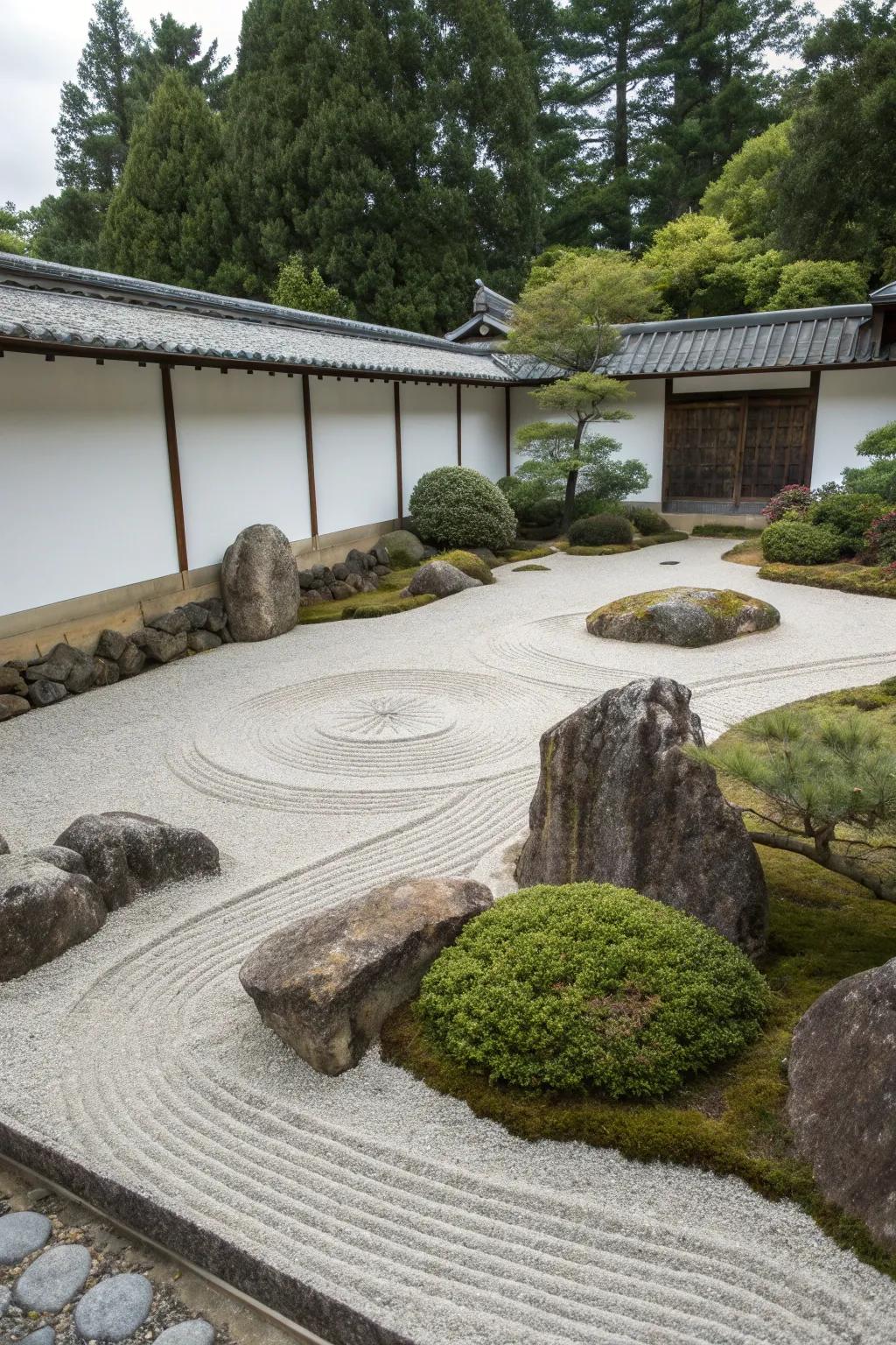 Zen gardens with stones offer a peaceful and tranquil retreat.