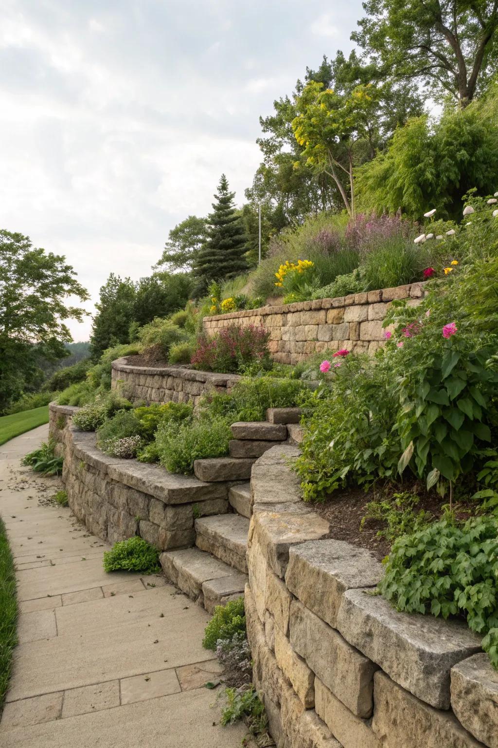 Retaining walls help manage slopes and add structure.