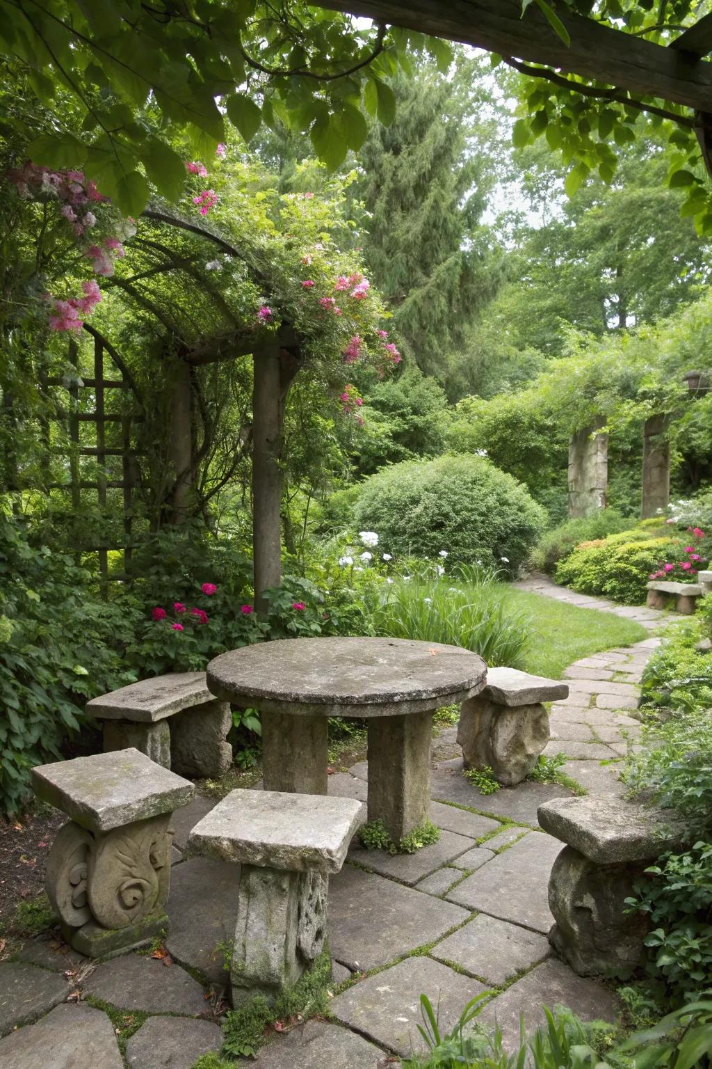 A cozy stone seating area perfect for outdoor gatherings.