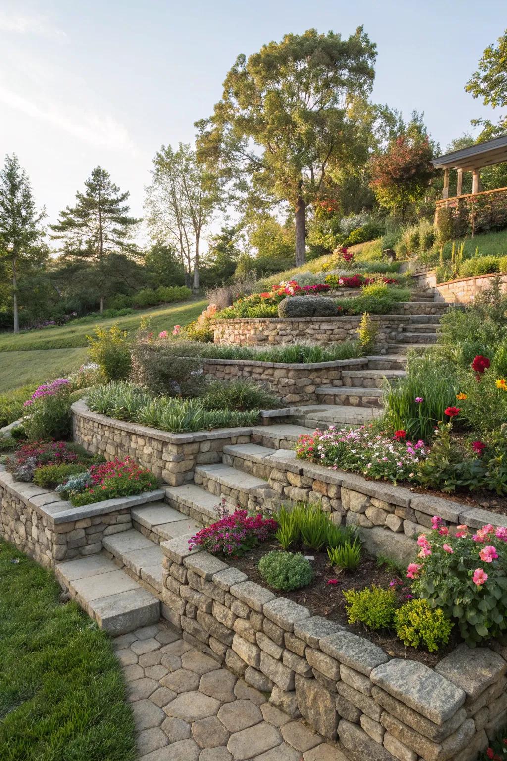 Tiered garden levels defined by strategically placed stones.