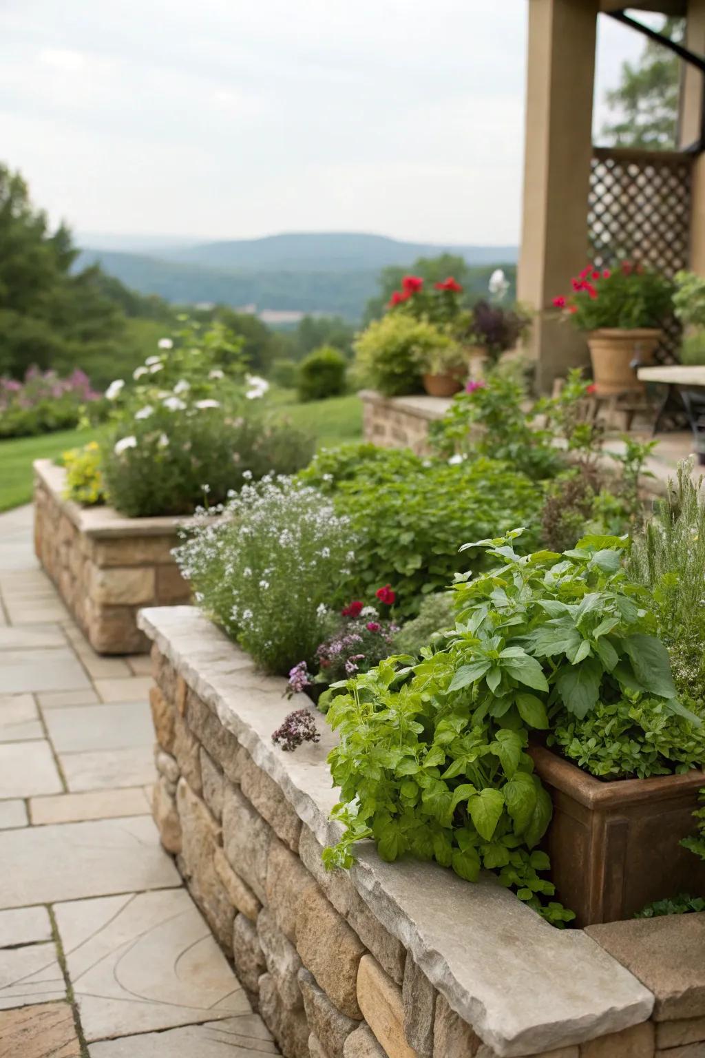 Stone planter walls seamlessly integrating greenery.