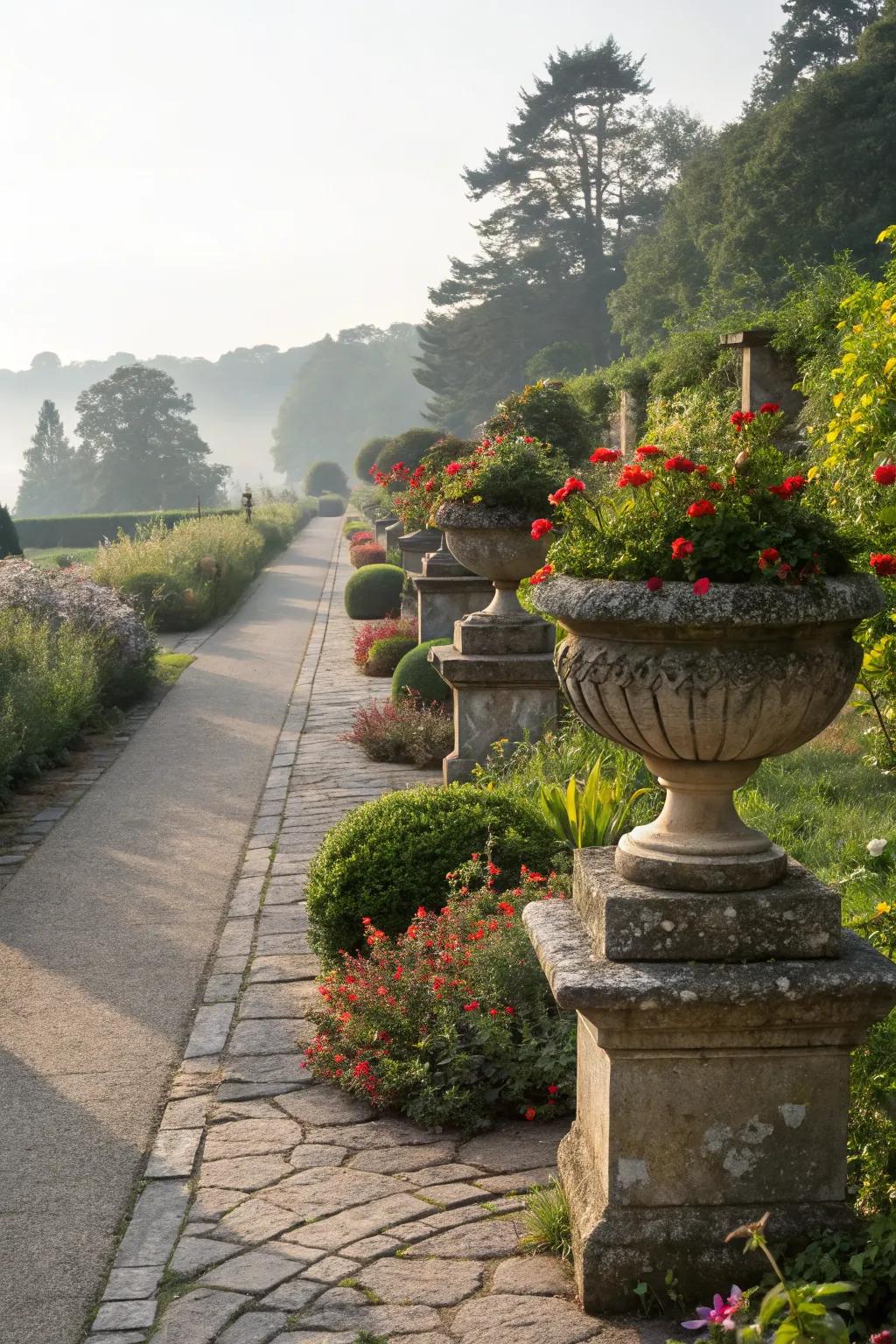 Elegant stone planters lining a serene garden path.