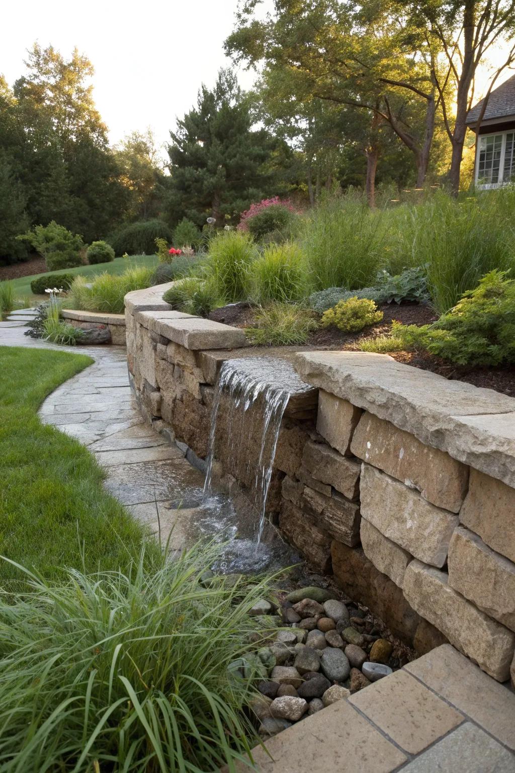 Water feature integrated into a stone wall adds serenity to the garden.