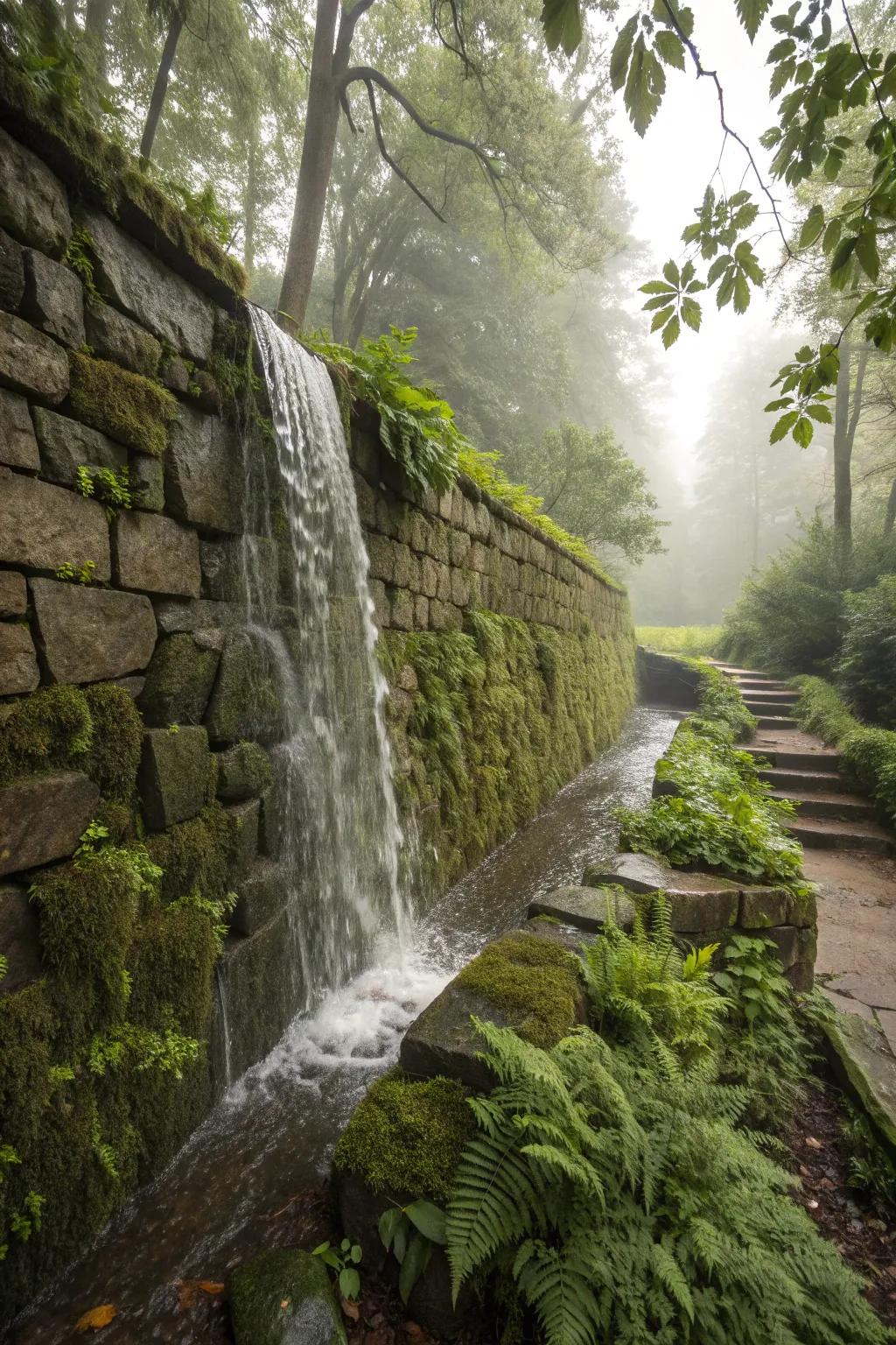 A serene waterfall flowing from a stone wall, creating a tranquil garden oasis.