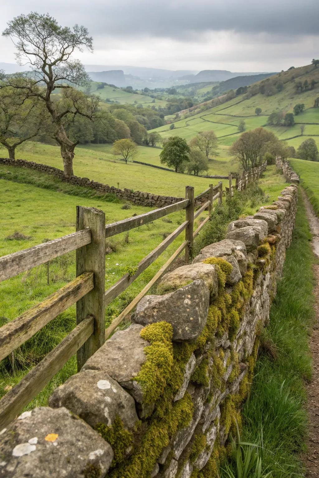 Country charm with split rail and stone.