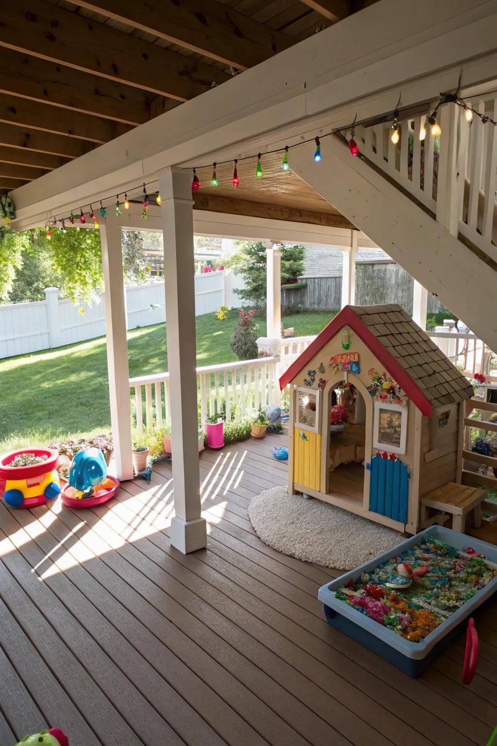 A hidden play area under the deck creates a magical spot for children.