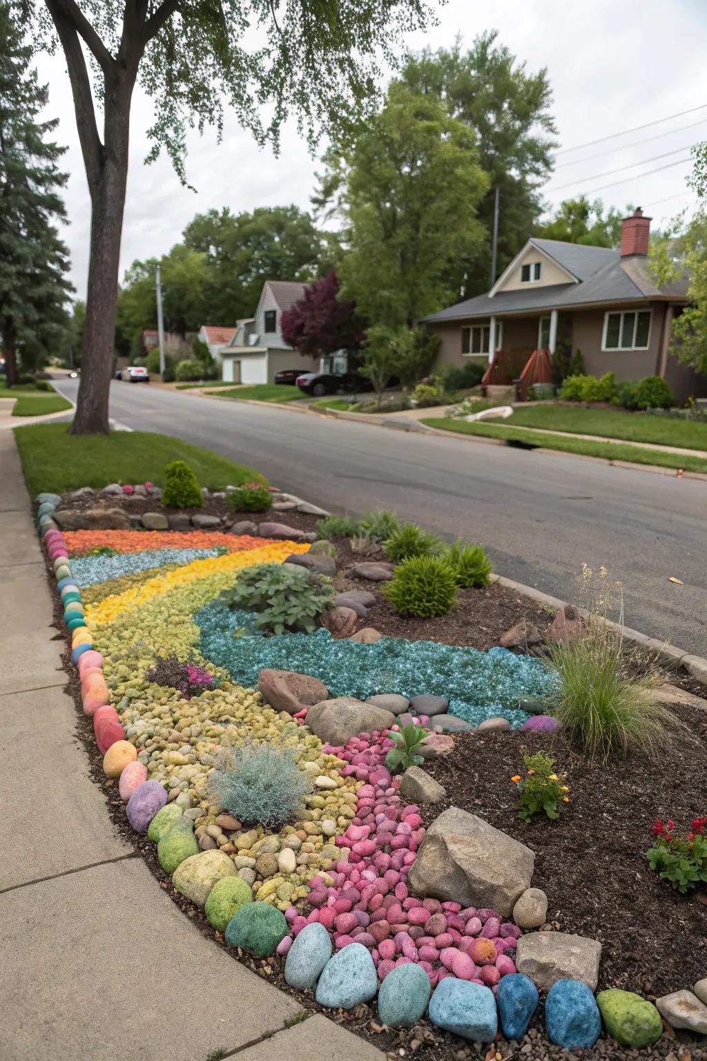 A rock garden adds color and discourages foot traffic.
