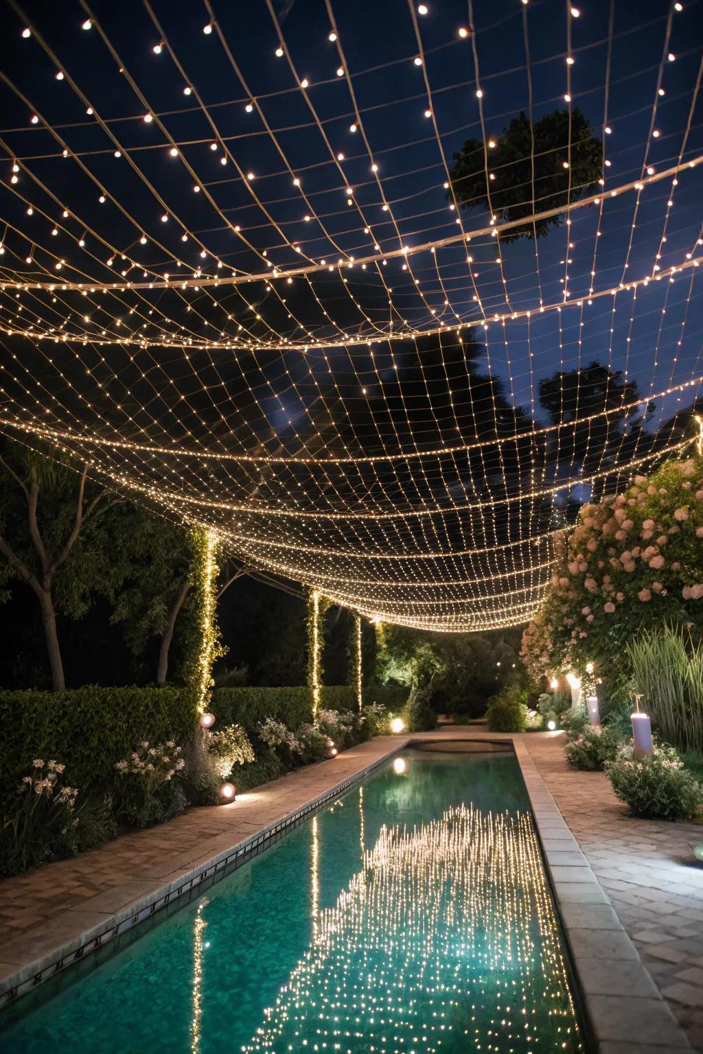 An overhead net of lights transforms your pool into a starry oasis.