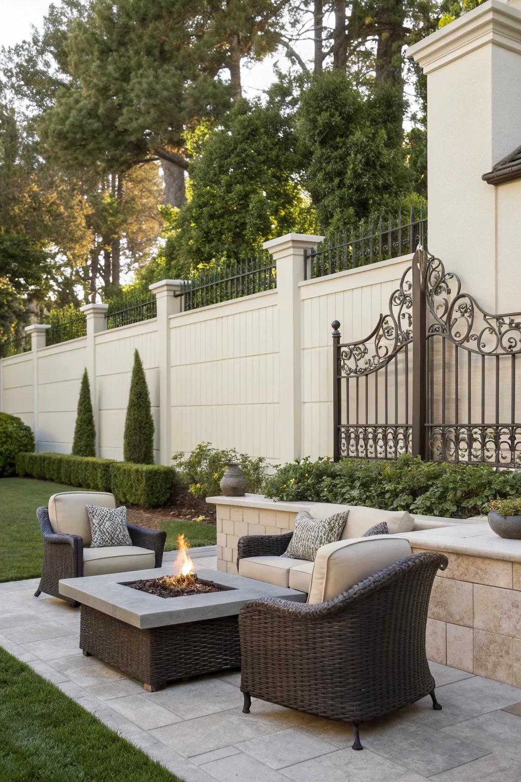 Stucco fence with chic metal accents for a modern touch.