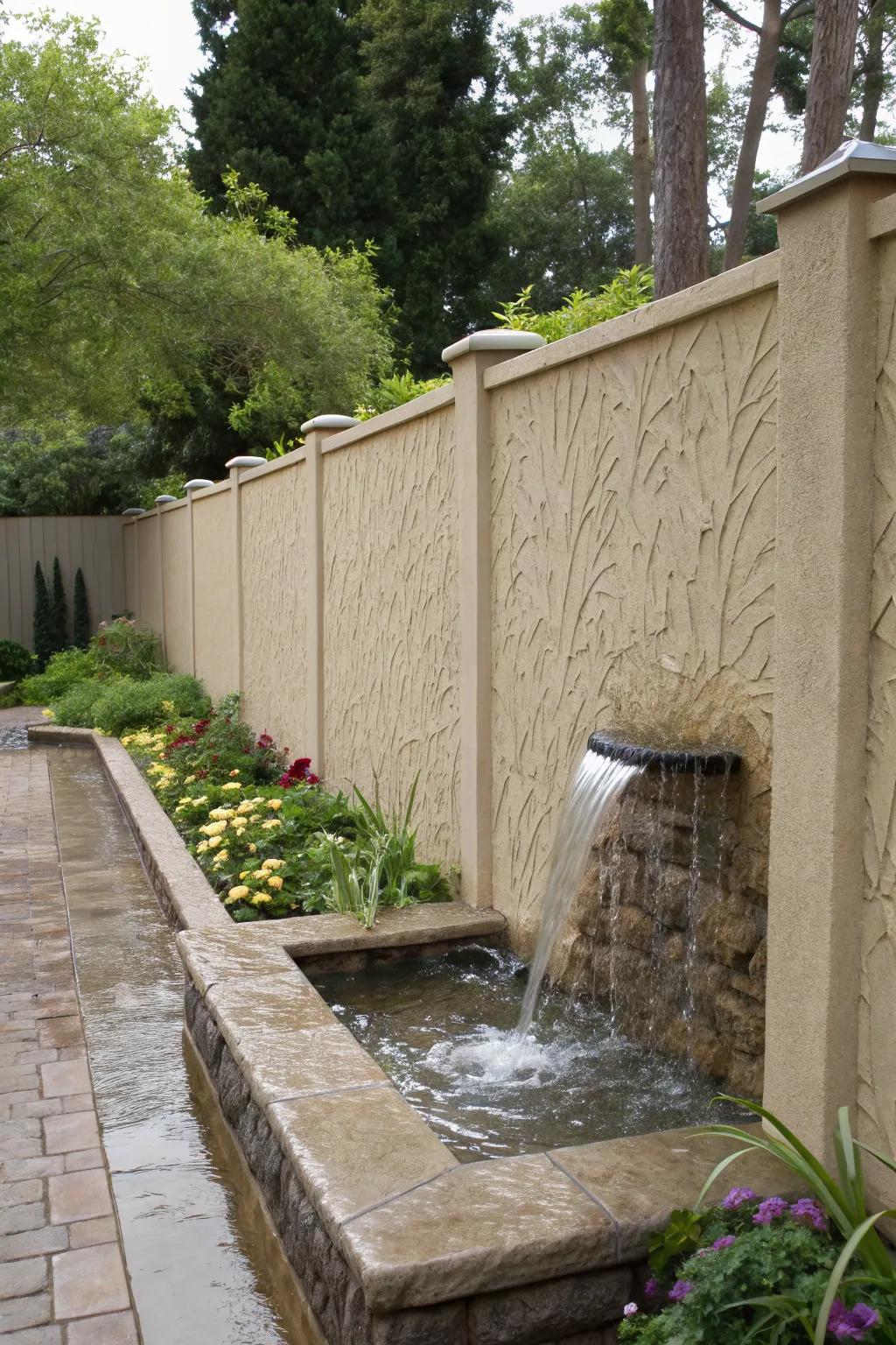 Stucco wall with a tranquil water feature for a relaxing garden atmosphere.