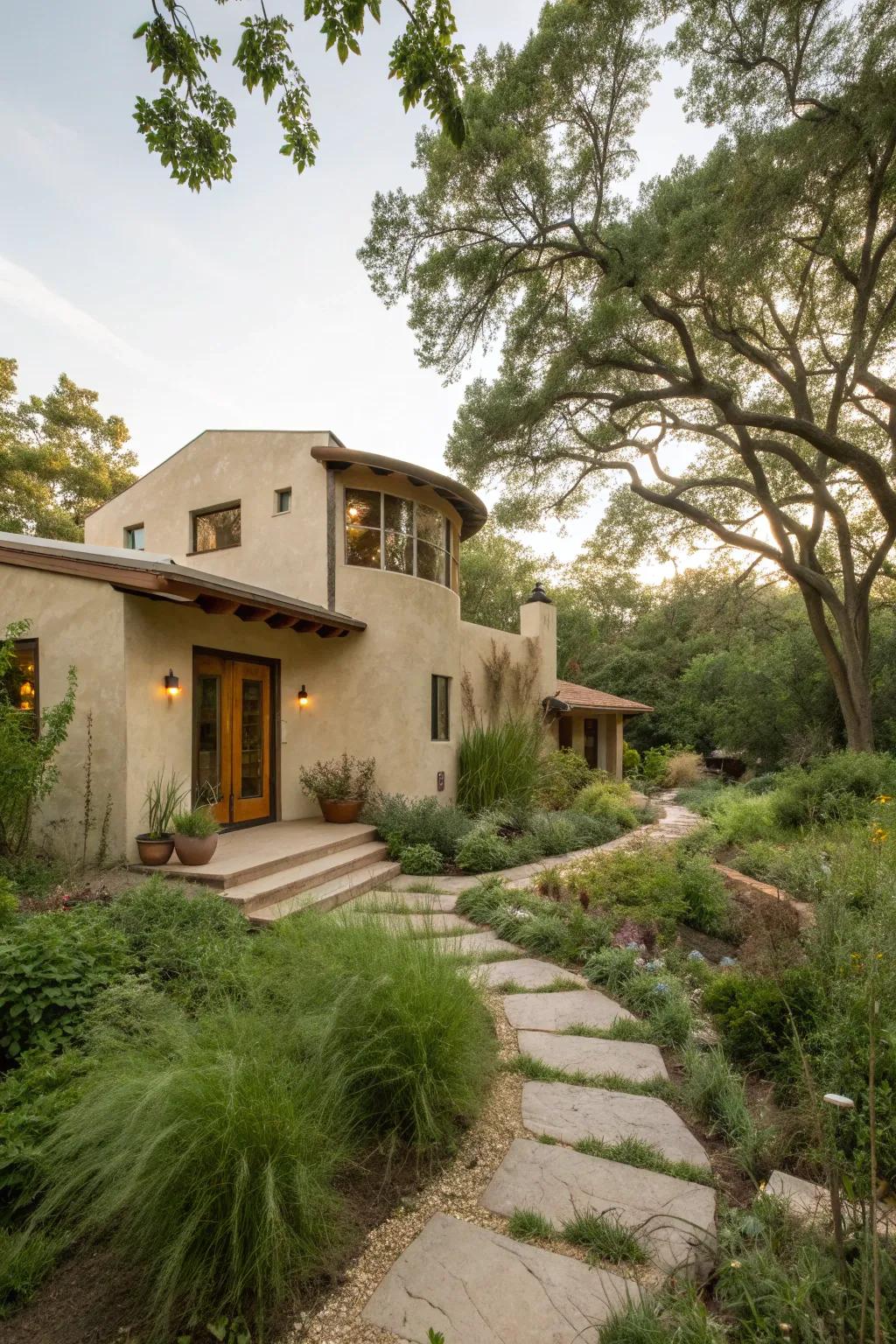 Eco-friendly stucco house with sustainable features.