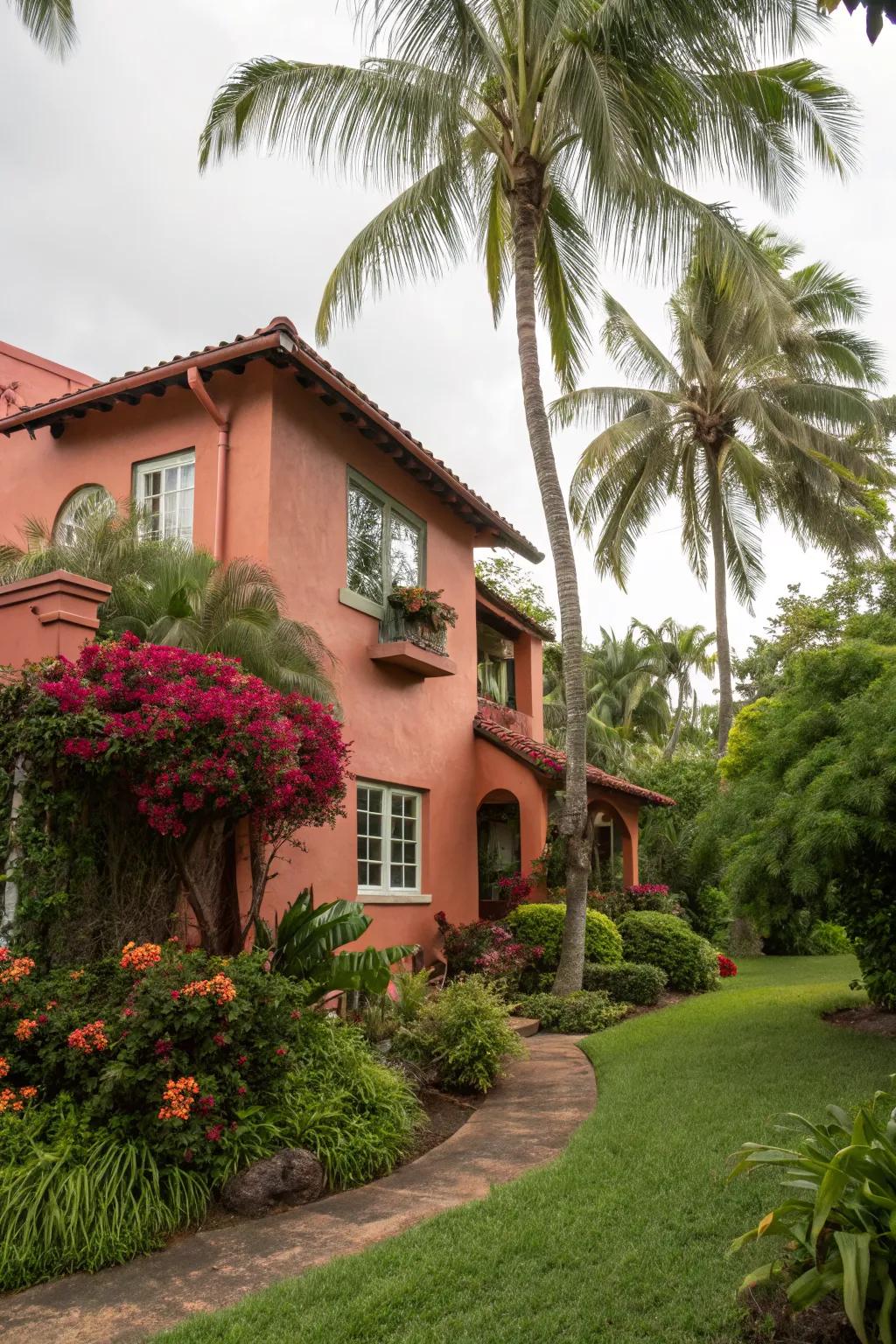 Coral stucco adds a vibrant and tropical touch.