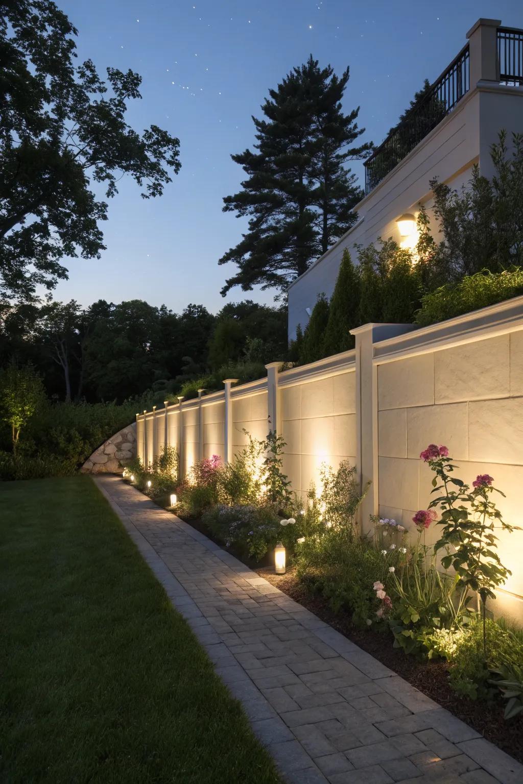 Lighting accents on stucco walls transform your garden after dark.