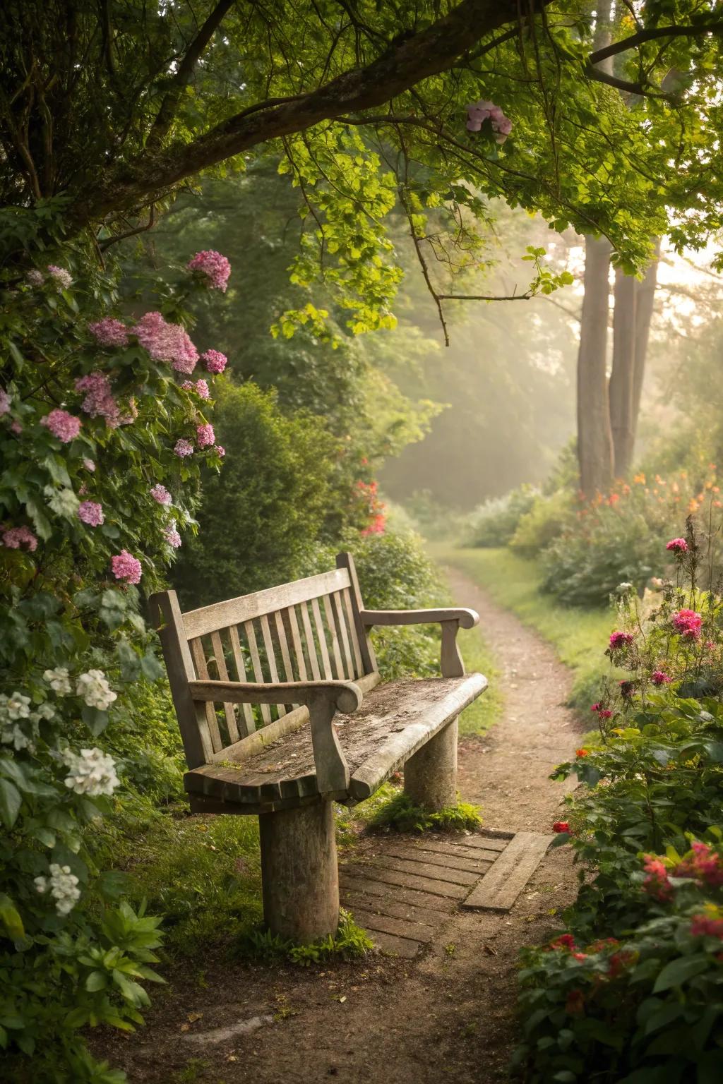 A floating bench illusion adds a touch of magic to your garden.