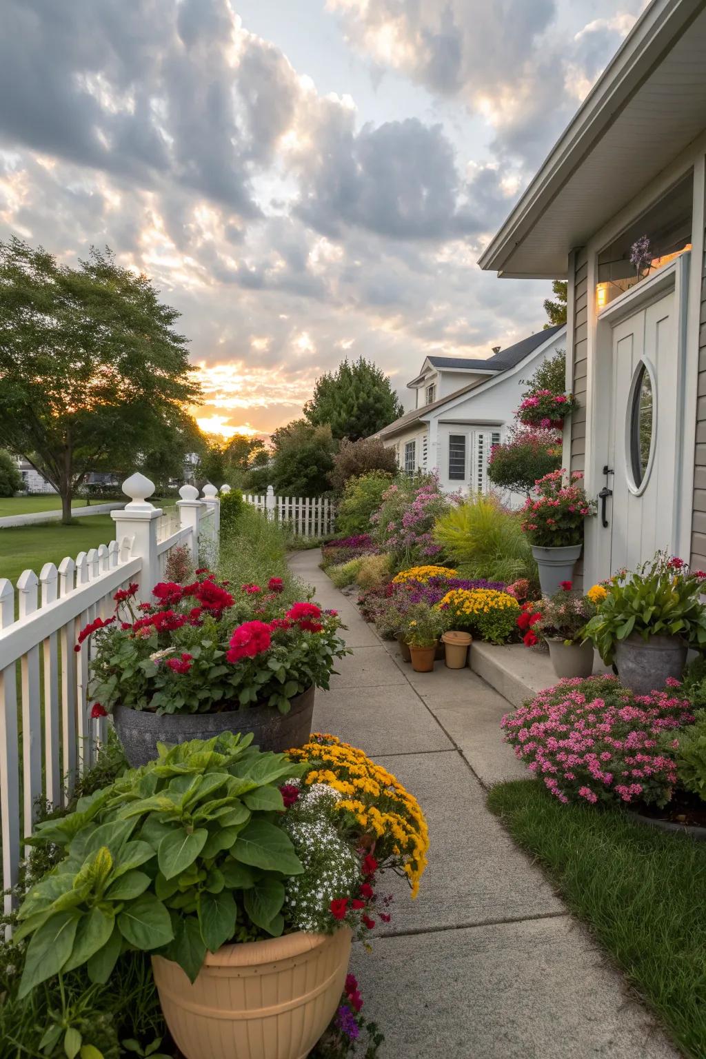Container gardens provide flexible and colorful landscaping solutions.