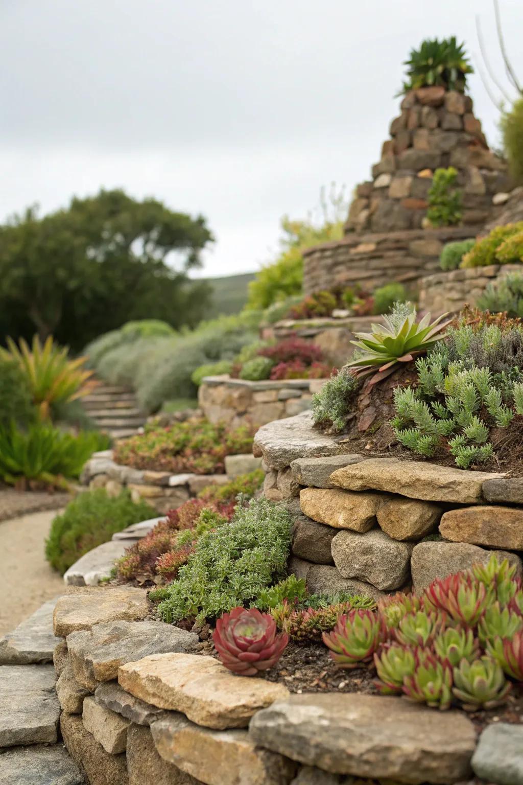 Layered stone landscapes add texture and elevation to your garden.