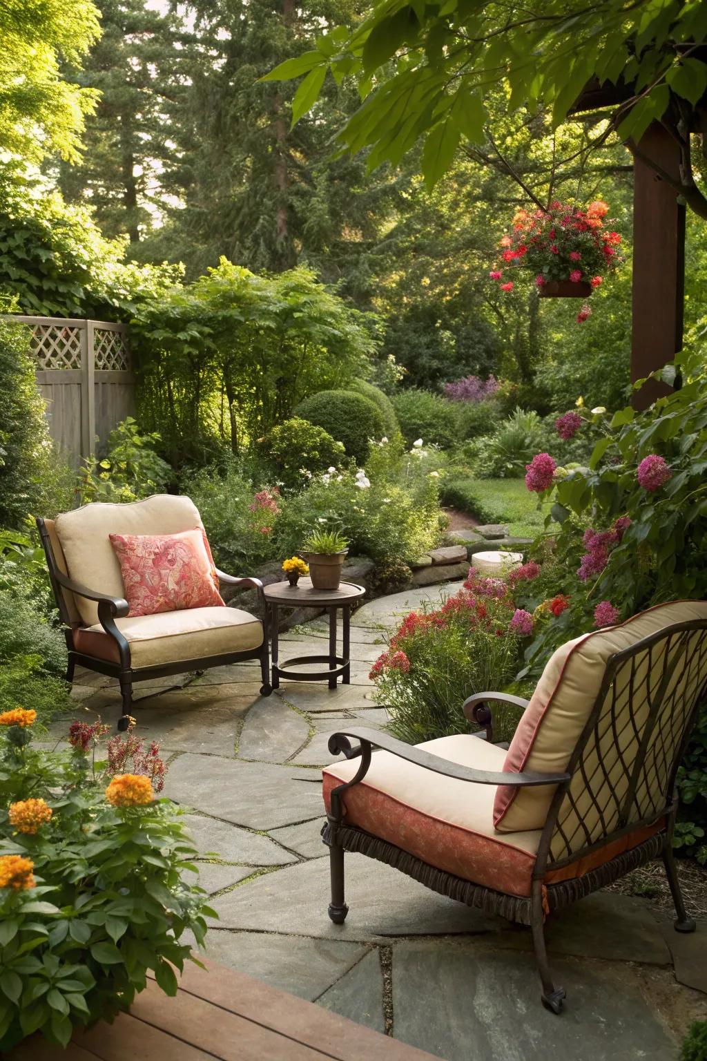 A cozy garden seating area for relaxation.