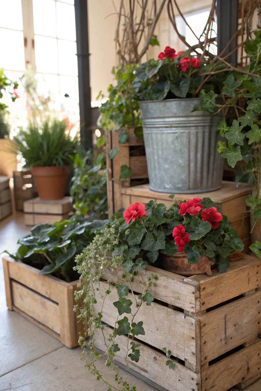 Repurposed vintage finds make for unique and charming planters.