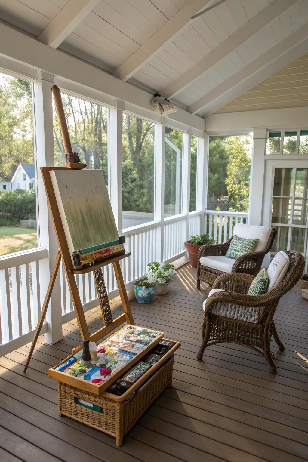 An art studio on the sun porch, perfect for creativity.