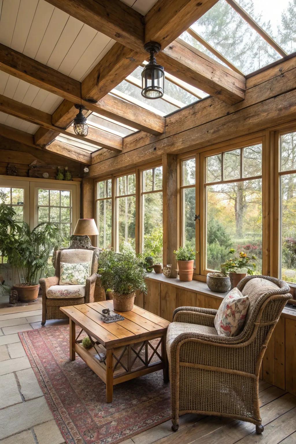 Rustic charm adds warmth to your sunroom.