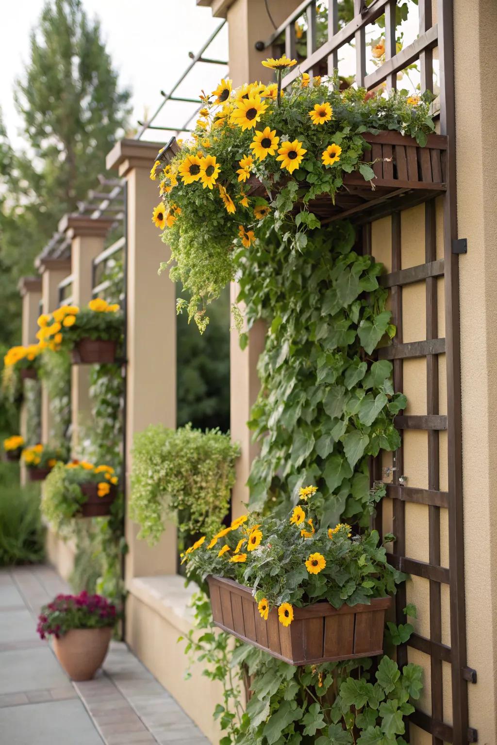 A space-saving trellis with built-in planters for sunflowers.