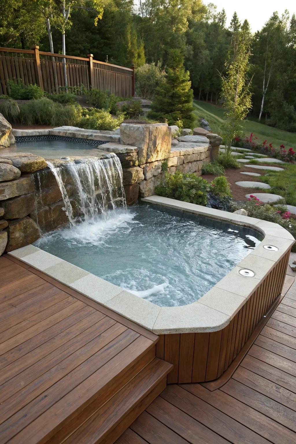 A sunken hot tub deck enhanced with a calming waterfall feature.