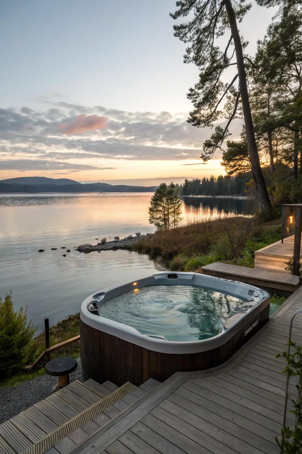 A waterfront hot tub provides stunning views and a beach-like feel.