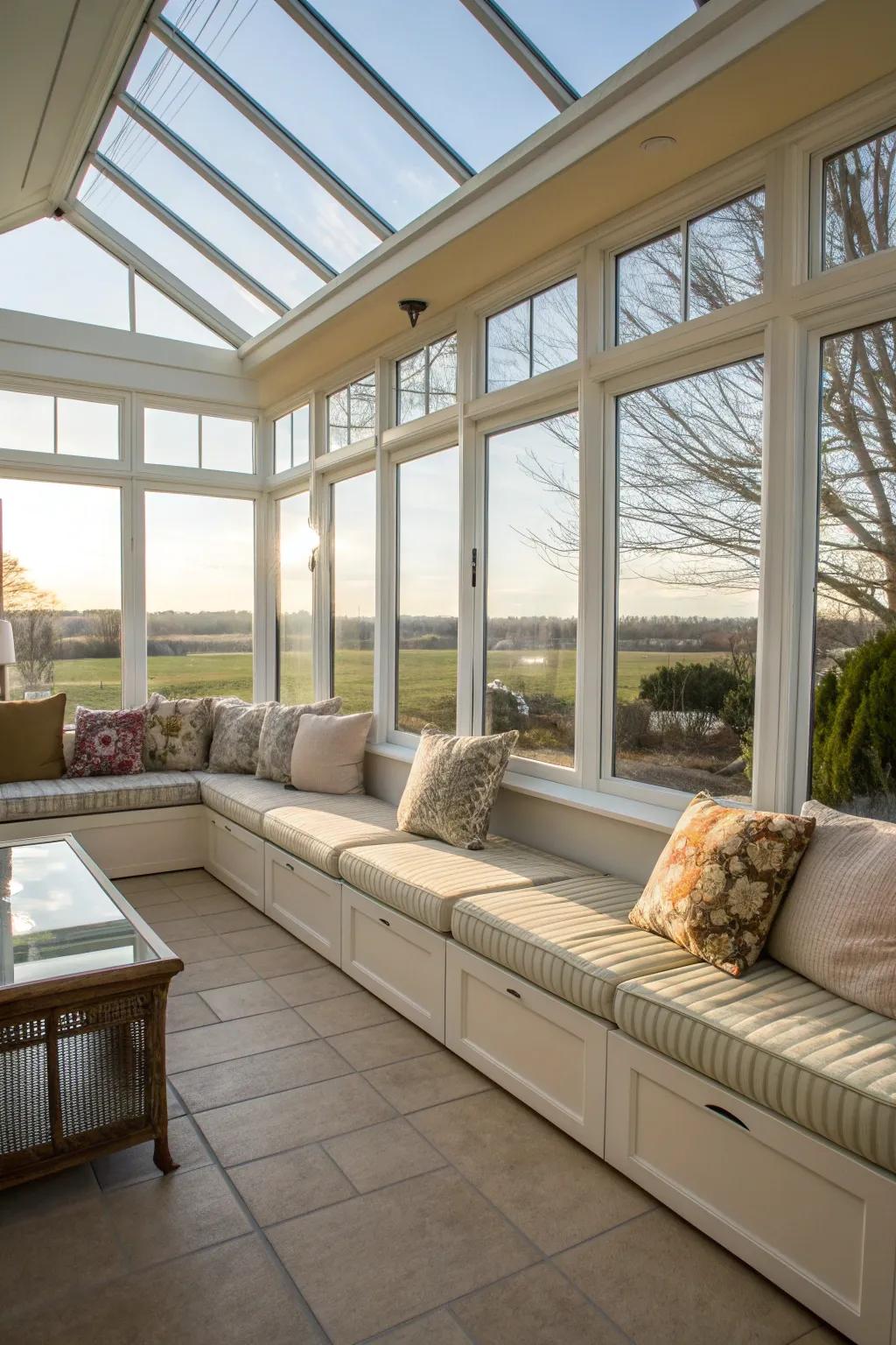 Cushioned benches provide ample seating in this welcoming sunroom.
