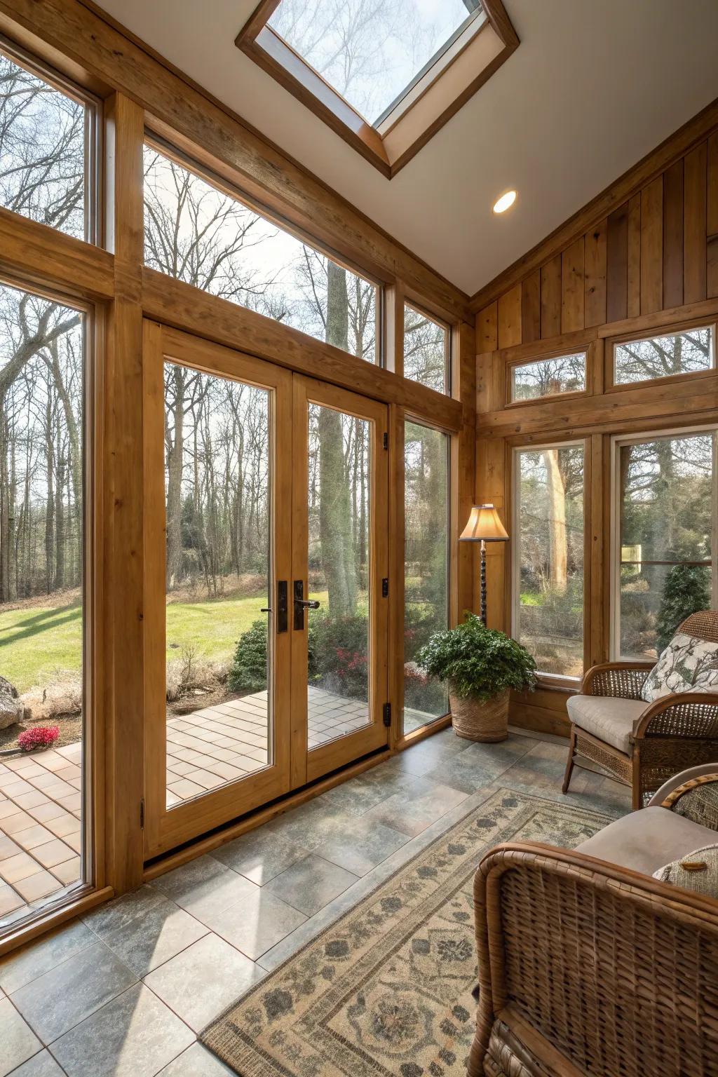 Wood and glass doors blending natural textures with bright light.