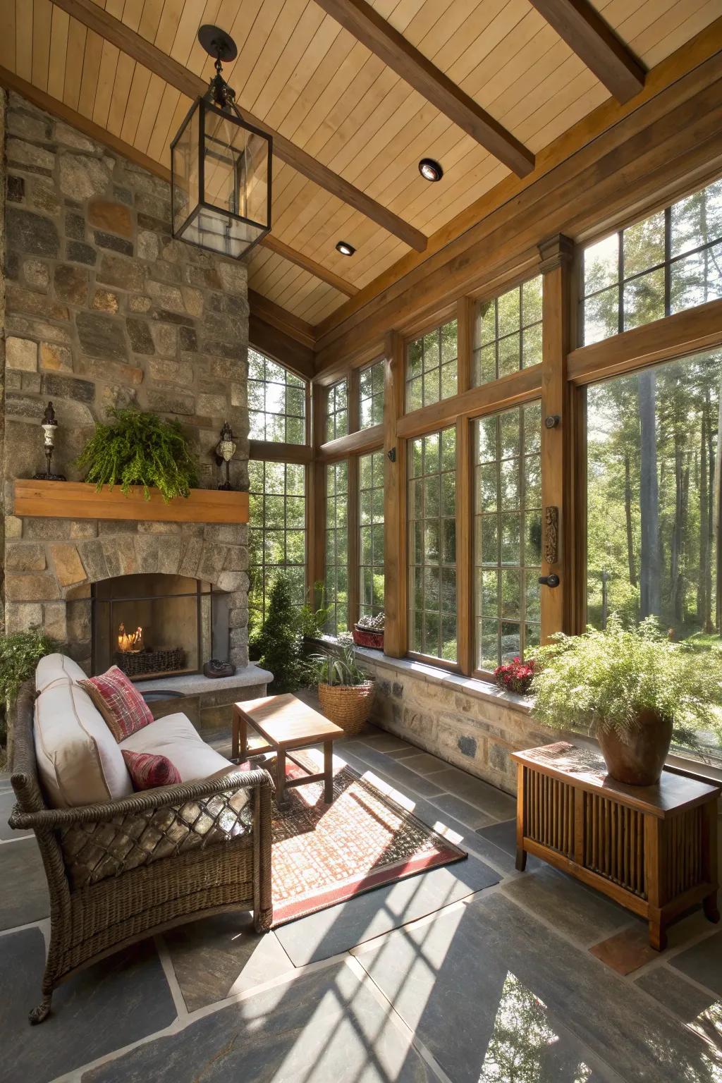 Natural materials palette connects the sunroom with the outdoors.