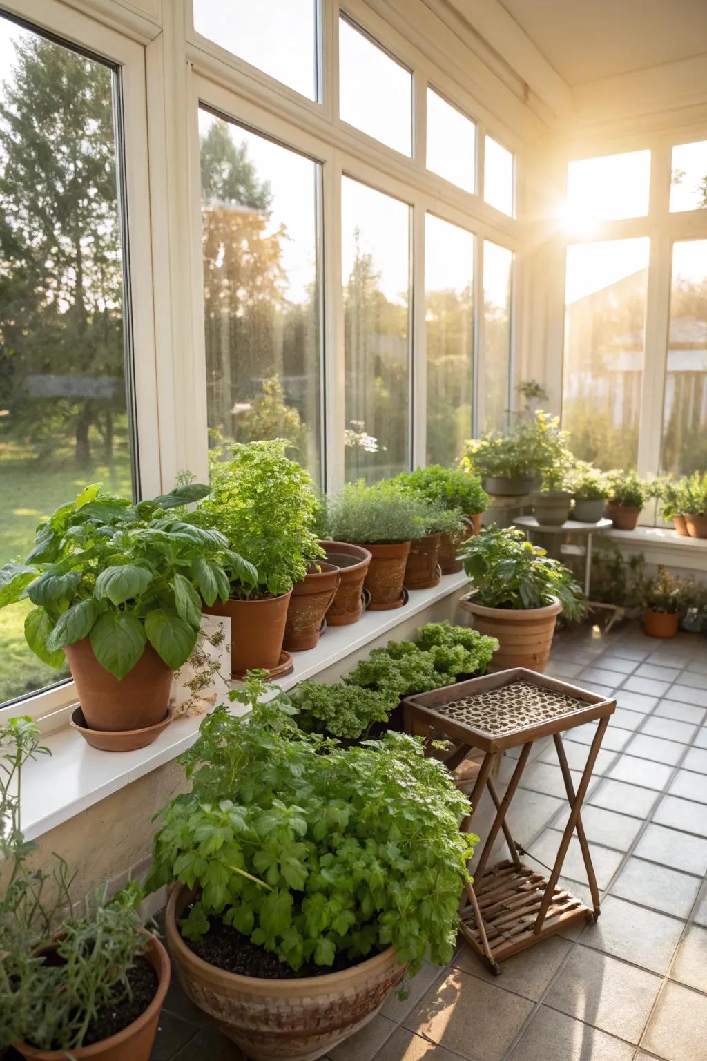 Enjoy fresh flavors with a sunroom herb garden.