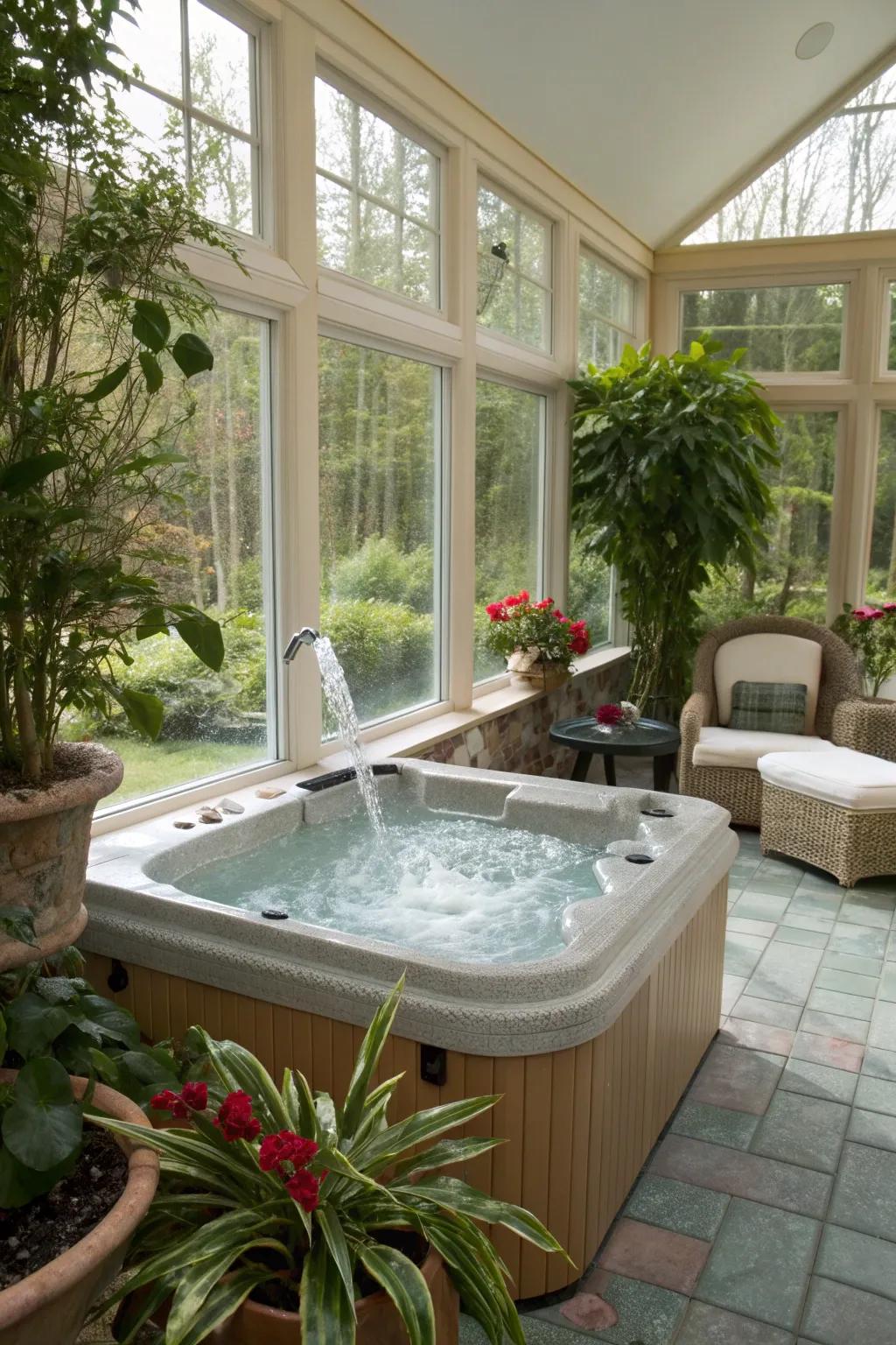 A water feature amplifies the spa-like atmosphere in the sunroom.