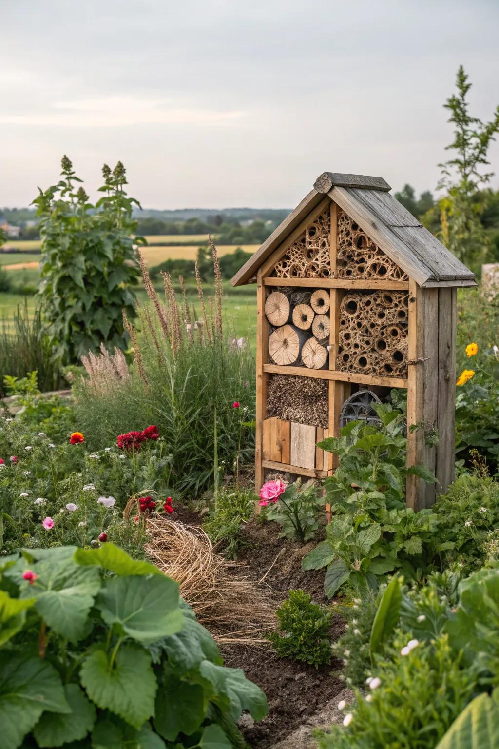 A charming bug hotel providing habitat for garden insects.