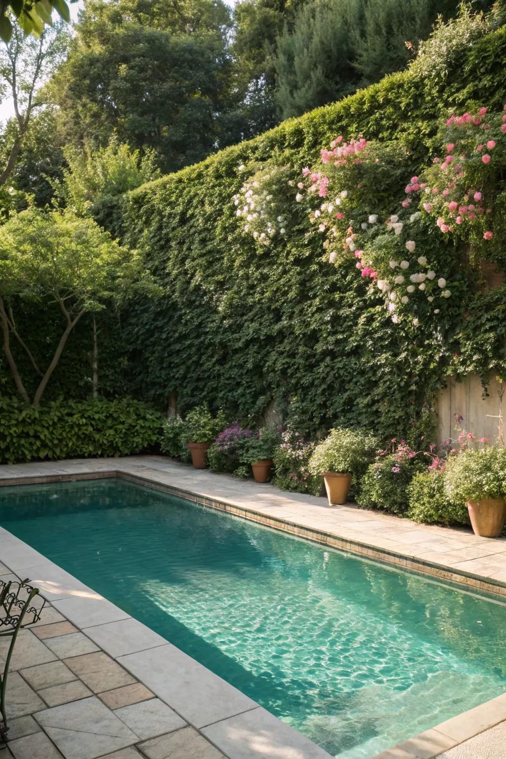 Living privacy walls offer seclusion and natural beauty around pools.