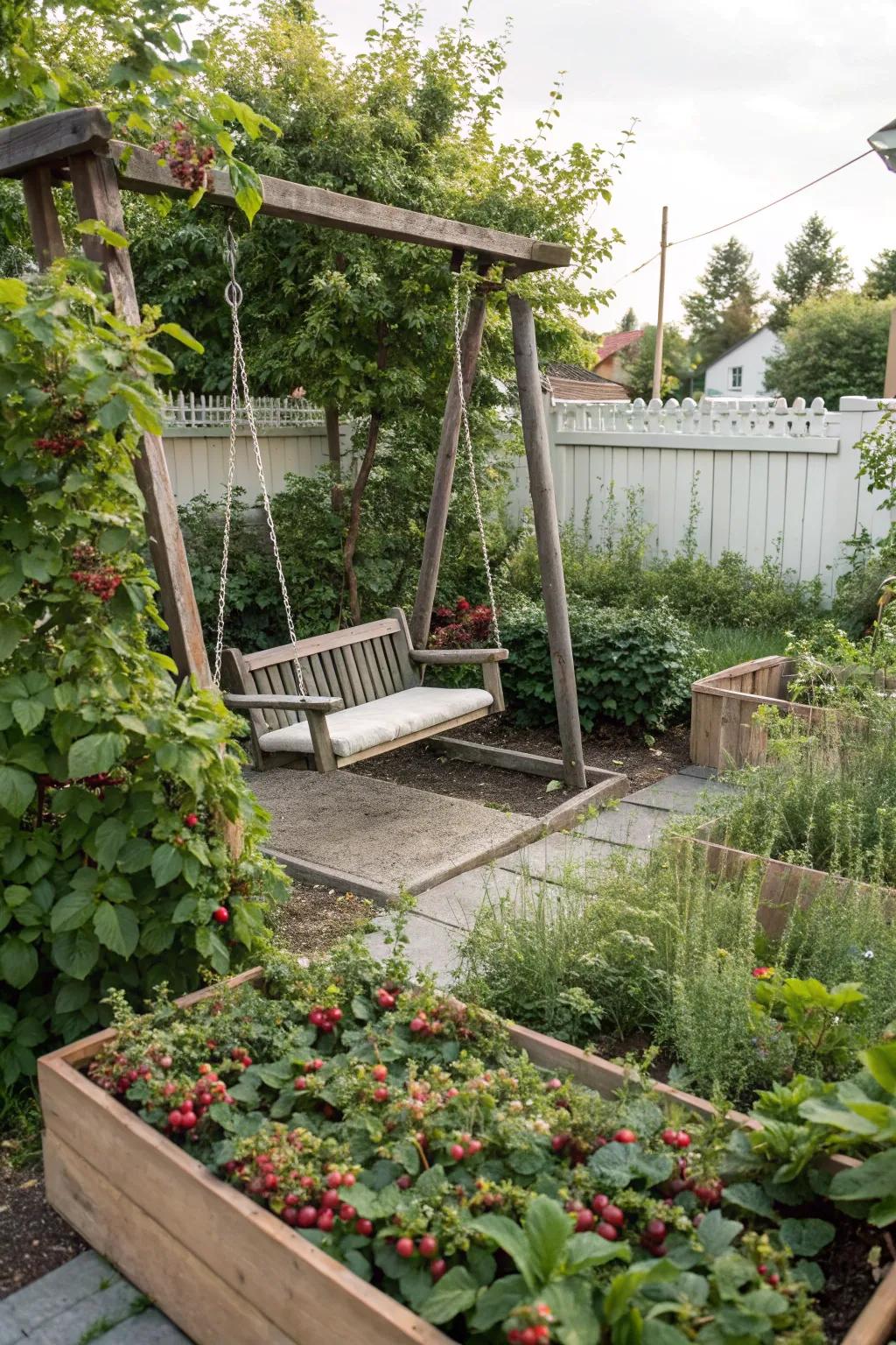 A backyard swing set surrounded by a delightful edible garden with berry bushes.