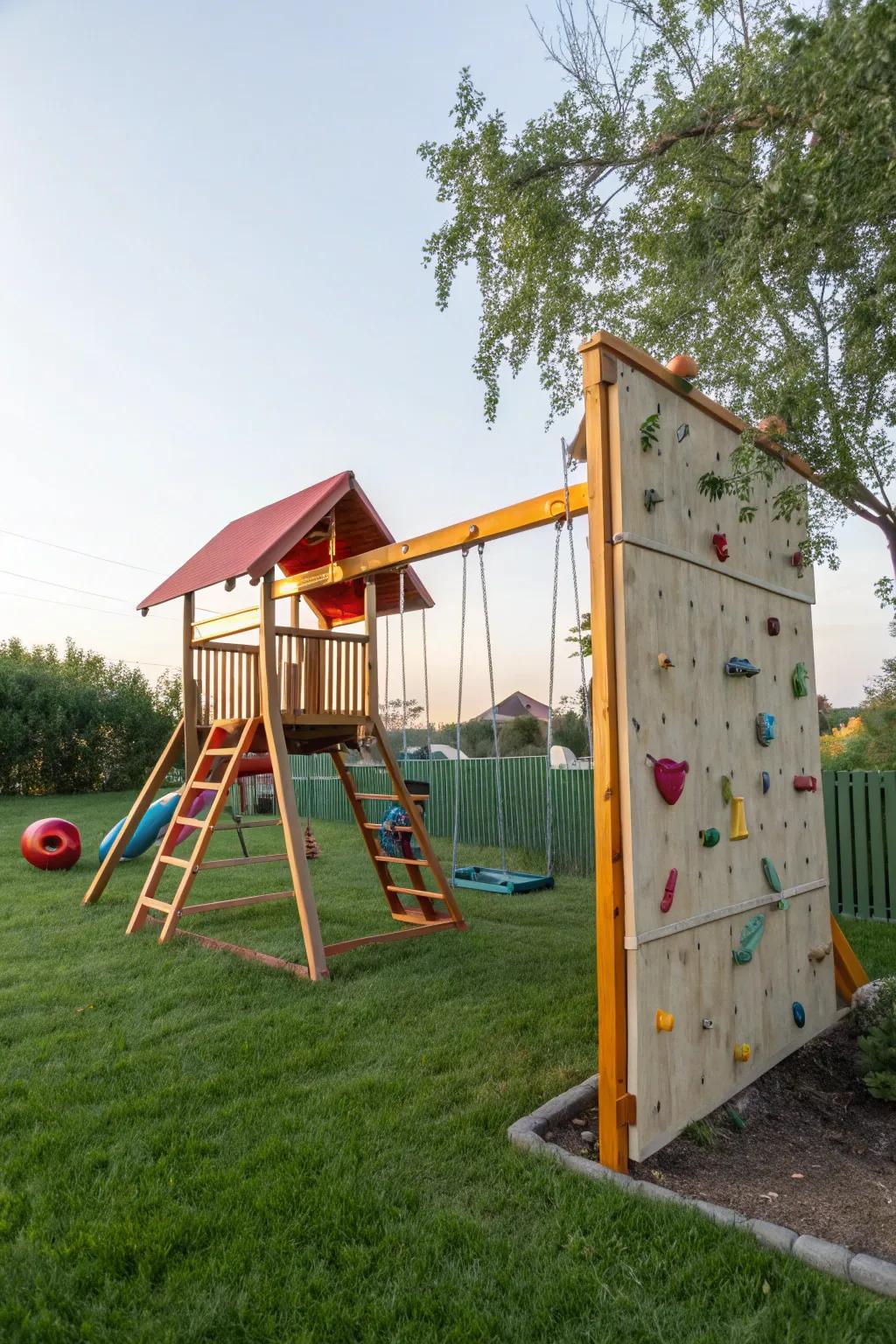 Swingset featuring an adventurous climbing wall.