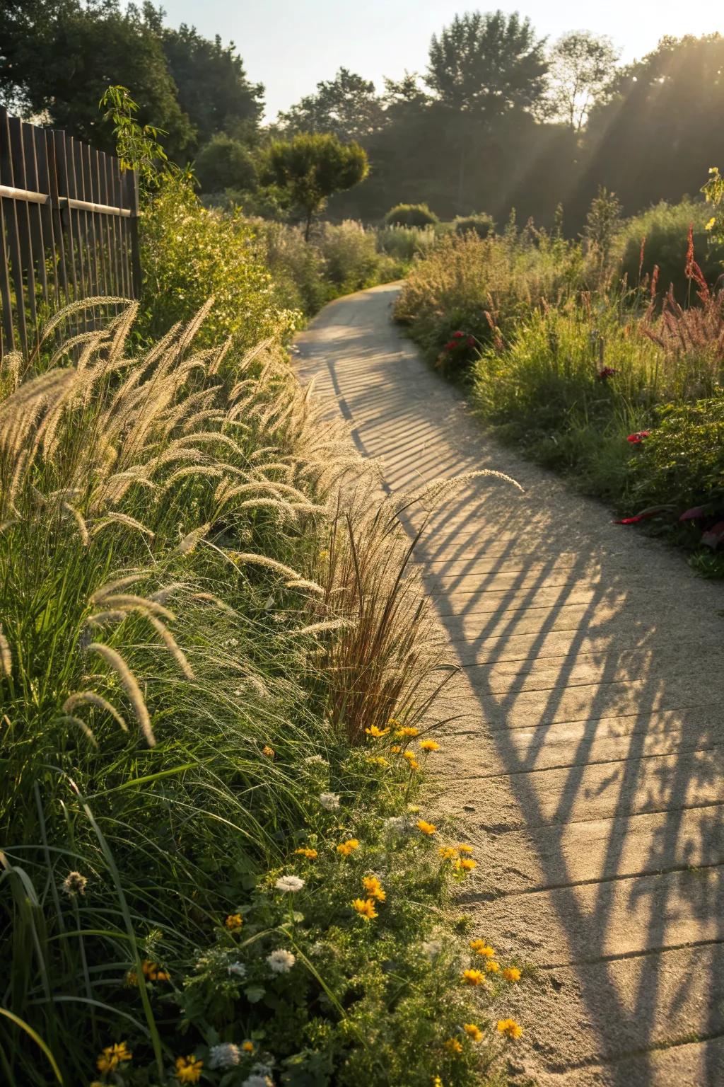 Tall grasses creating beautiful shadow play in a sunlit garden.