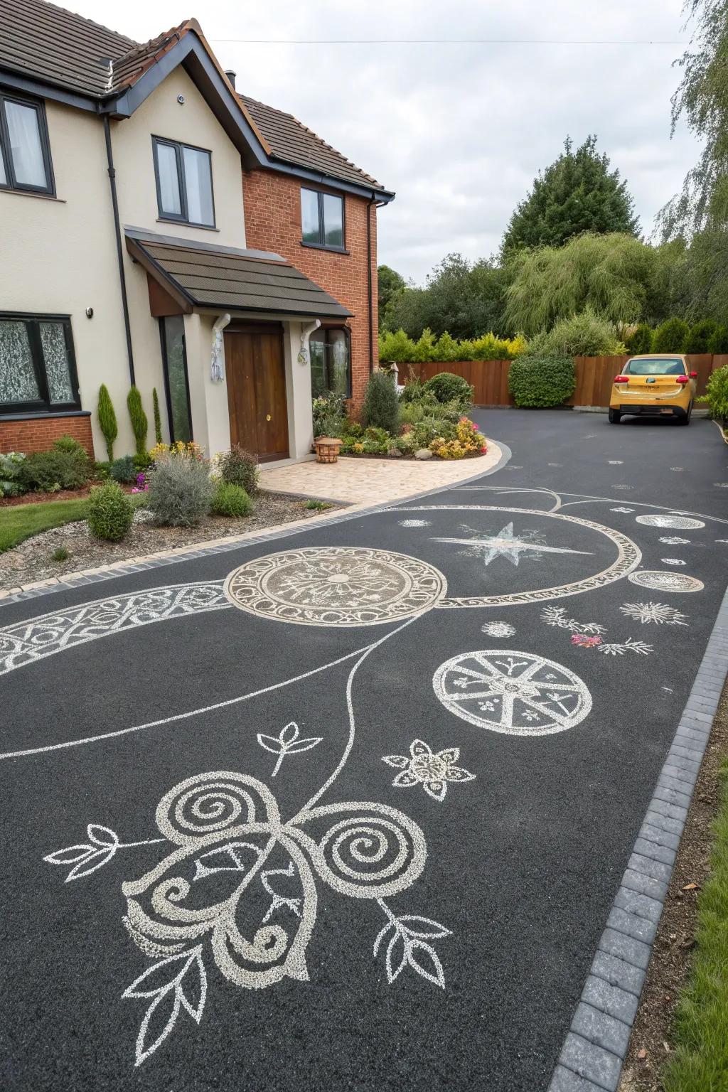 A uniquely designed driveway with artistic inlays.